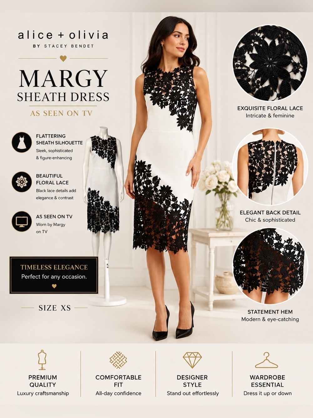Alice + Olivia Margy Sheath Dress XS White Black Floral Lace As Seen On TV - Picture 6 of 16